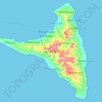 Mapa topográfico Anjouan, altitud, relieve