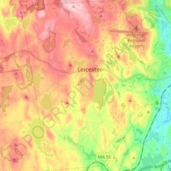 Mapa topográfico Leicester, altitud, relieve