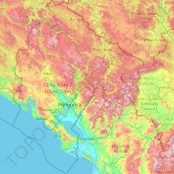 Mapa topográfico Montenegro, altitud, relieve