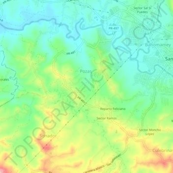 Mapa topográfico Pozas, altitud, relieve