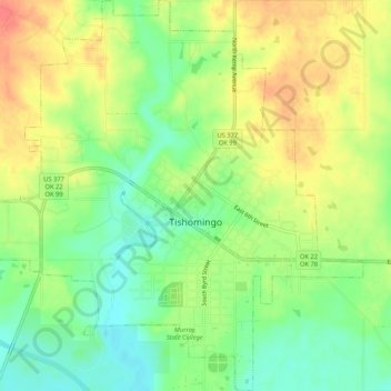 Mapa topográfico Tishomingo, altitud, relieve