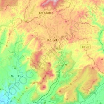 Mapa topográfico Thành phố Đà Lạt, altitud, relieve