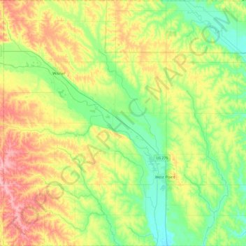 Mapa topográfico Cuming County, altitud, relieve