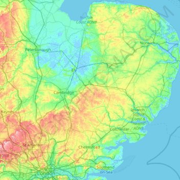 Mapa topográfico East of England, altitud, relieve