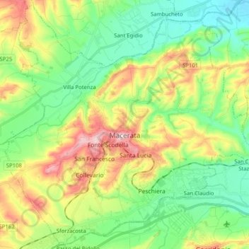 Mapa topográfico Macerata, altitud, relieve