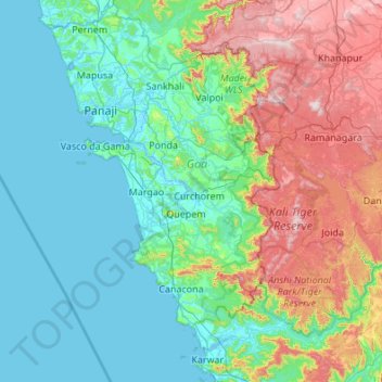 Mapa topográfico Goa, altitud, relieve