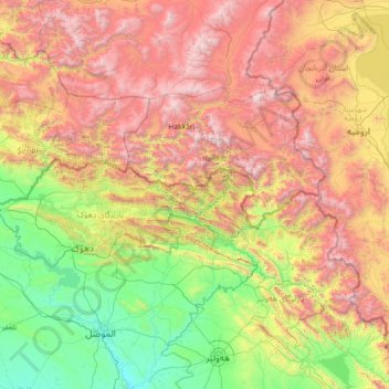 Mapa topográfico Great Zab River, altitud, relieve