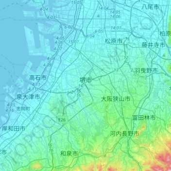 Mapa topográfico 堺市, altitud, relieve