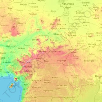 Mapa topográfico Camerún, altitud, relieve