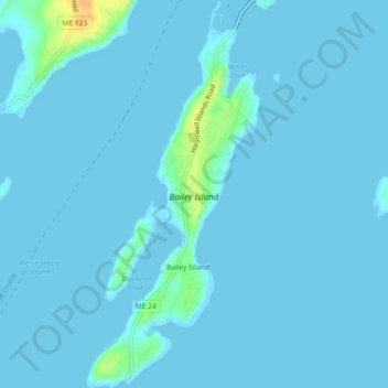 Mapa topográfico Bailey Island, altitud, relieve