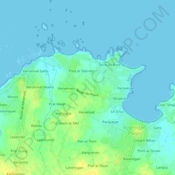 Mapa topográfico Brignogan-Plages, altitud, relieve