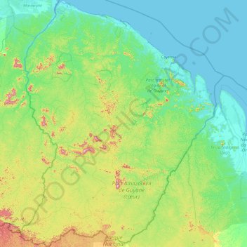 Mapa topográfico Guayana Francesa, altitud, relieve