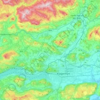 Mapa topográfico Glan, altitud, relieve