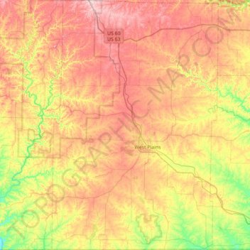 Mapa topográfico Howell County, altitud, relieve