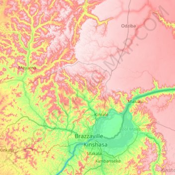 Mapa topográfico Brazzaville, altitud, relieve