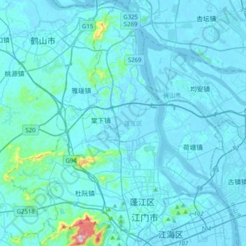 Mapa topográfico 蓬江区, altitud, relieve