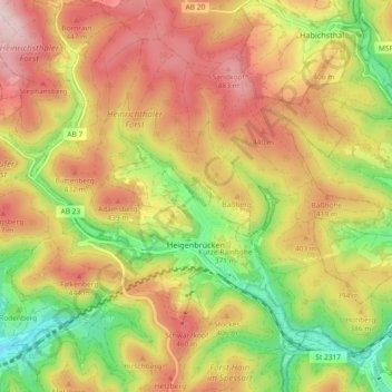 Mapa topográfico Heigenbrücken, altitud, relieve