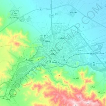 Mapa topográfico Arak, altitud, relieve