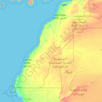 Mapa topográfico Sáhara Occidental, altitud, relieve