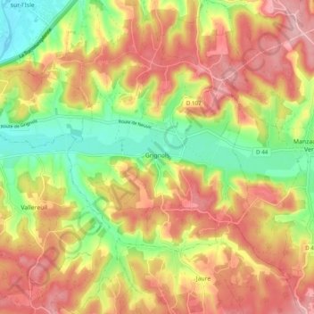 Mapa topográfico Grignols, altitud, relieve