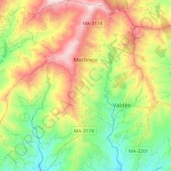 Mapa topográfico Moclinejo, altitud, relieve