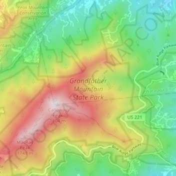 Mapa topográfico Grandfather Mountain State Park, altitud, relieve