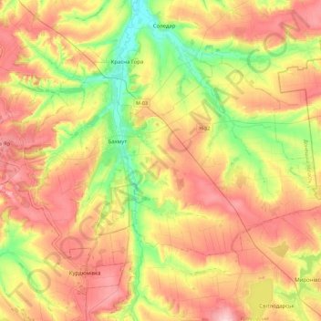 Mapa topográfico Бахмутська міська громада, altitud, relieve