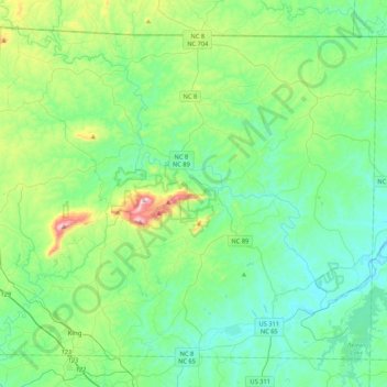 Mapa topográfico Stokes County, altitud, relieve