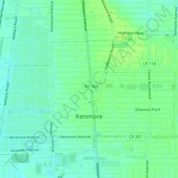 Mapa topográfico Kenmore, altitud, relieve