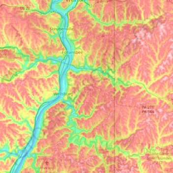 Mapa topográfico Brooke County, altitud, relieve