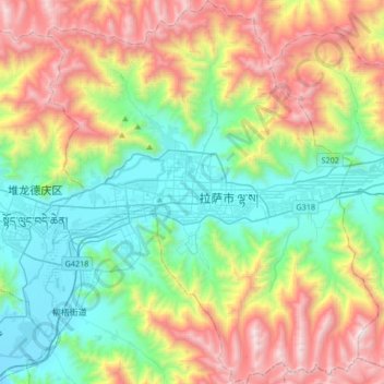 Mapa topográfico 城关区 ཁྲིན་ཀོན་ཆུས།, altitud, relieve