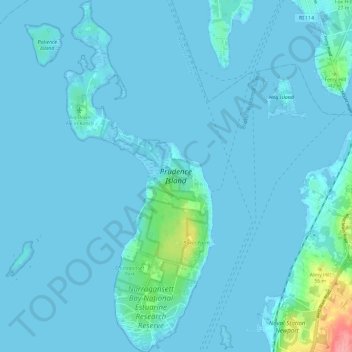 Mapa topográfico Prudence Island, altitud, relieve