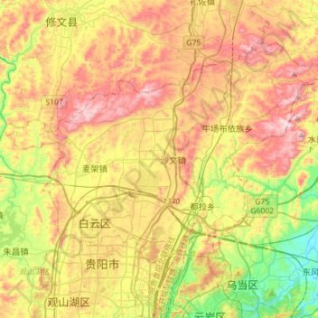 Mapa topográfico 白云区, altitud, relieve
