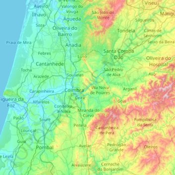 Mapa topográfico Coímbra, altitud, relieve