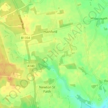 Mapa topográfico Hainford, altitud, relieve