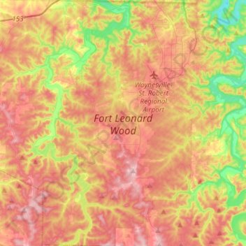 Mapa topográfico Fort Leonard Wood, altitud, relieve