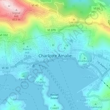 Mapa topográfico Charlotte Amalie, altitud, relieve