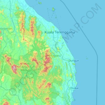 Mapa topográfico Terengganu, altitud, relieve