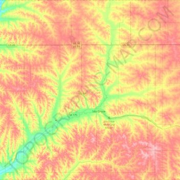 Mapa topográfico Ida County, altitud, relieve