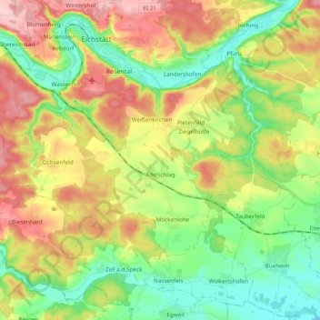 Mapa topográfico Adelschlag, altitud, relieve