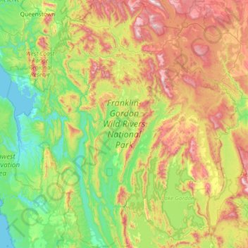 Mapa topográfico Franklin-Gordon Wild Rivers National Park, altitud, relieve