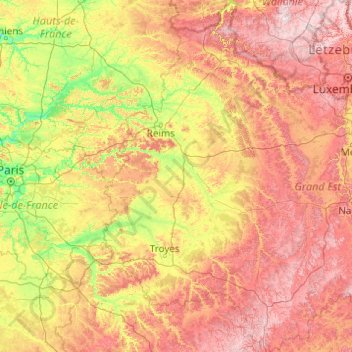 Mapa topográfico Champagne-Ardennen, altitud, relieve