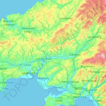 Mapa topográfico Carmarthenshire, altitud, relieve