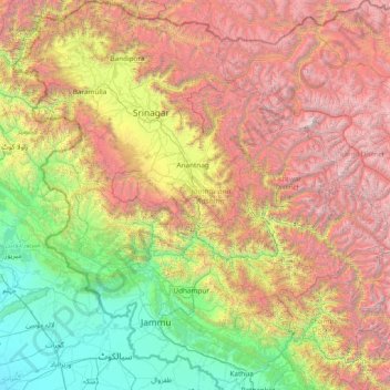 Mapa topográfico Jammu y Cachemira, altitud, relieve