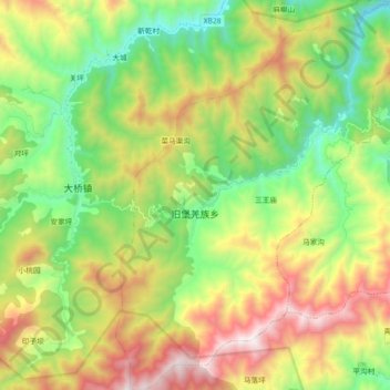 Mapa topográfico 旧堡羌族乡, altitud, relieve