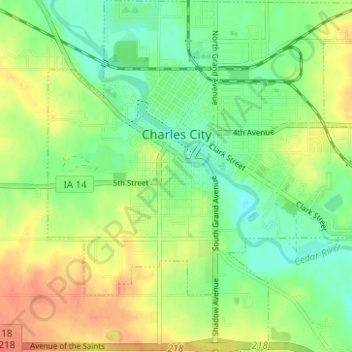 Mapa topográfico Charles City, altitud, relieve