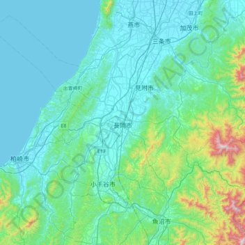 Mapa topográfico Nagaoka, altitud, relieve