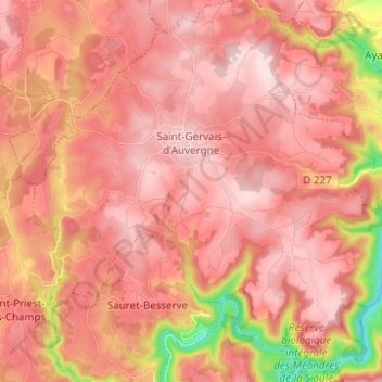Mapa topográfico Saint-Gervais-d'Auvergne, altitud, relieve