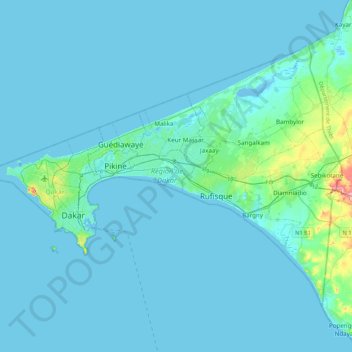 Mapa topográfico Región de Dakar, altitud, relieve
