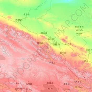 Mapa topográfico 张掖市, altitud, relieve